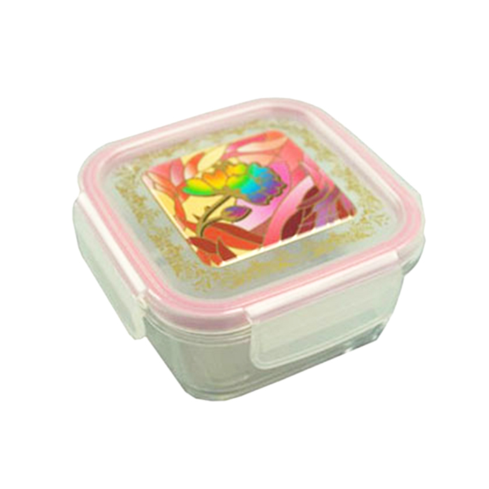 Komax Bioglass Square Air & Water Tight Food Storage Container 380ml (11.8  fl.oz.) with decorative pink lid - GetStorganized