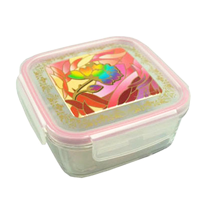 Komax Bioglass Square Air & Water Tight Food Storage Container 760ml (25.7  fl.oz.) with decorative pink lid - GetStorganized